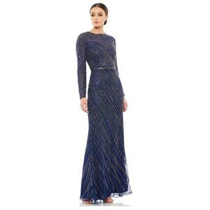 Mac Duggal Navy and Silver Embellished Maxi Dress